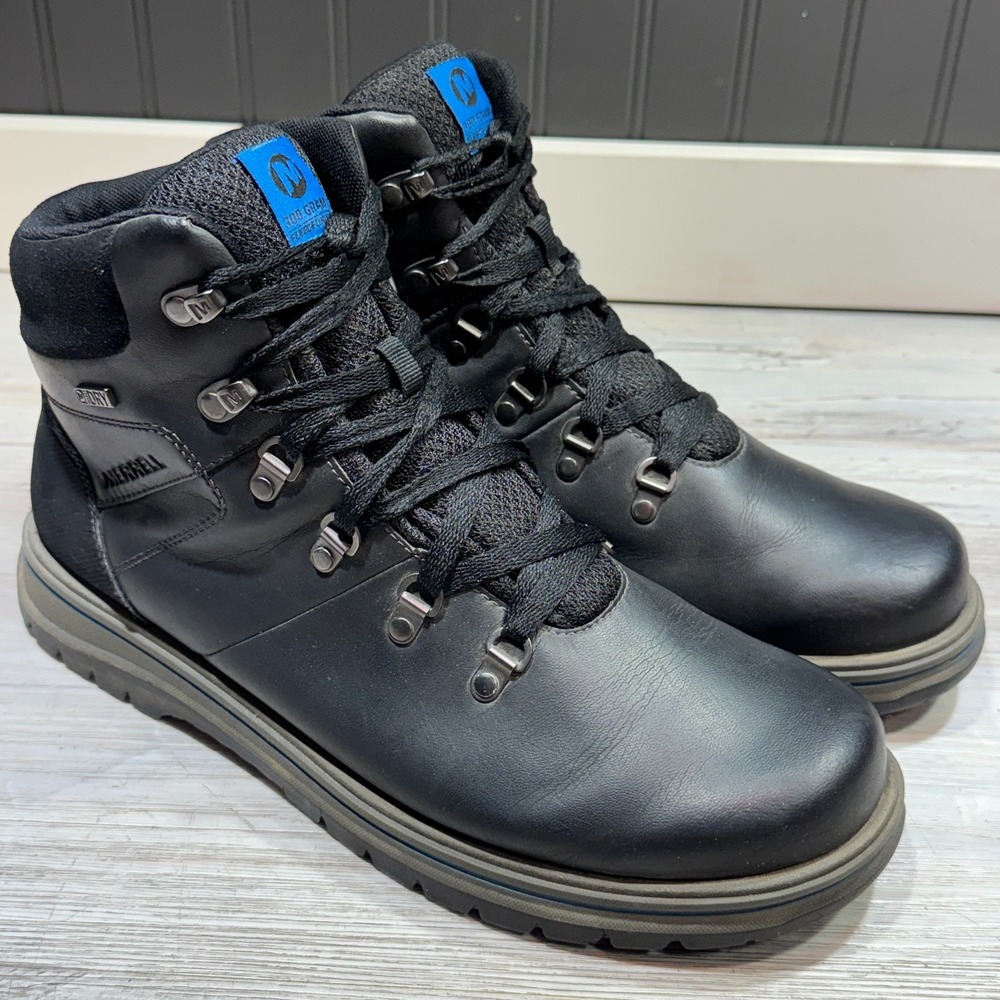 Merrell Bounder Mid Leather Boots Black Blue Men Sz 12 Select Dry 300 Gram